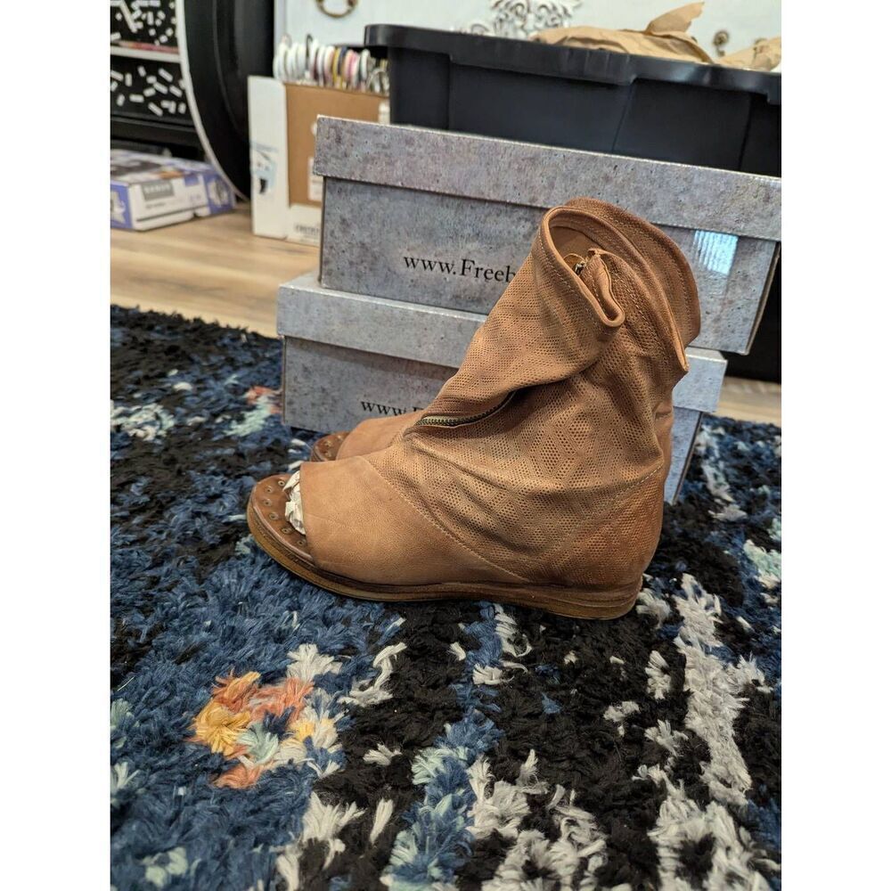 A.S.98 Brielle Bootie Sandals Tan Leather Slouch Peep Toe Zip EU 39 US 8.5–9 - Picture 4 of 9